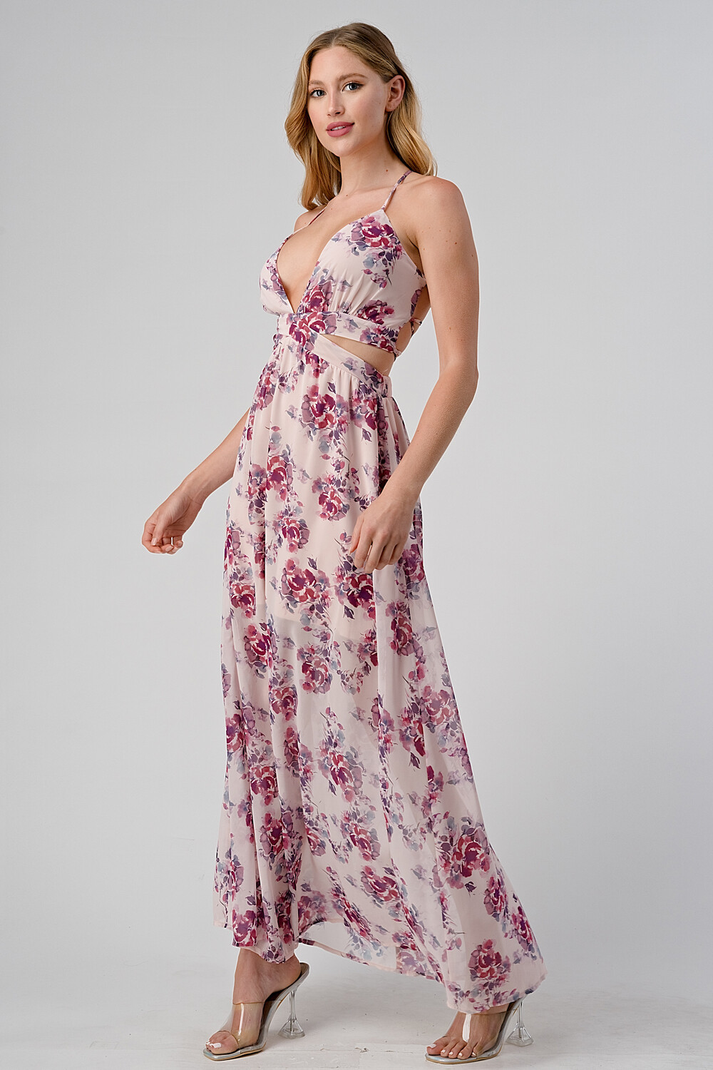 CD40420-1 Floral Print V-Neck Flare Maxi Dress
