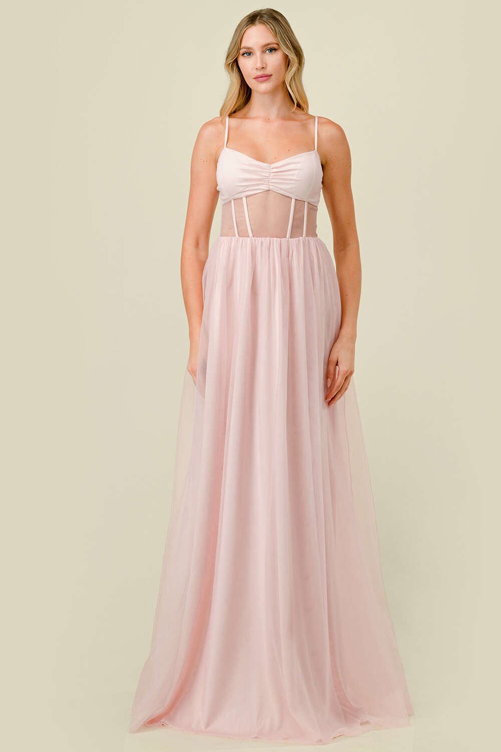 CD41196 Solid Tulle Mesh Corset Fit and Flare Maxi
