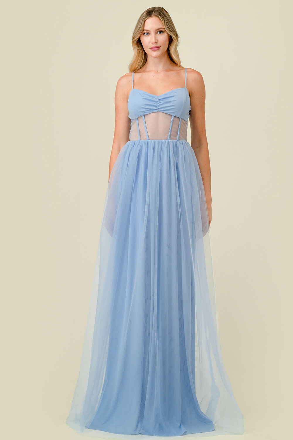 CD41196 Solid Tulle Mesh Corset Fit and Flare Maxi