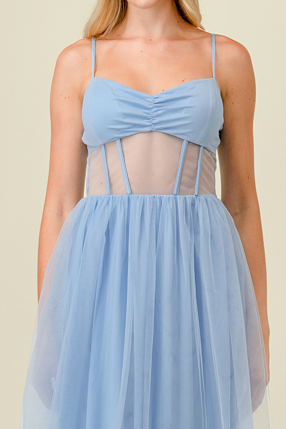 CD41196 Solid Tulle Mesh Corset Fit and Flare Maxi
