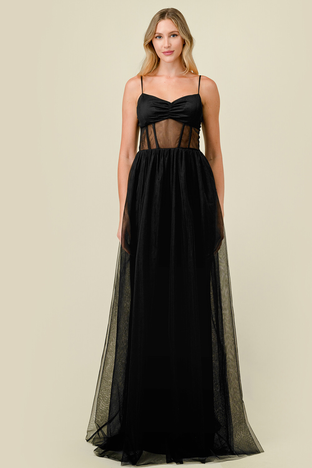 CD41196 Solid Tulle Mesh Corset Fit and Flare Maxi