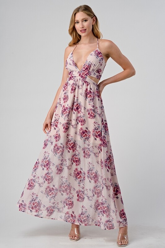 CD40420-1 Floral Print V-Neck Flare Maxi Dress