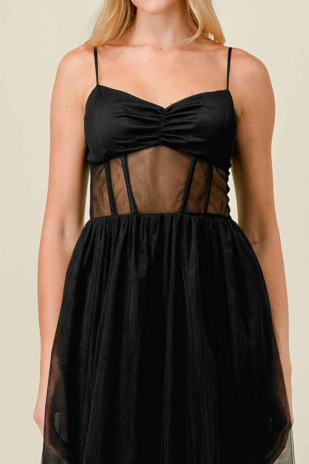 CD41196 Solid Tulle Mesh Corset Fit and Flare Maxi