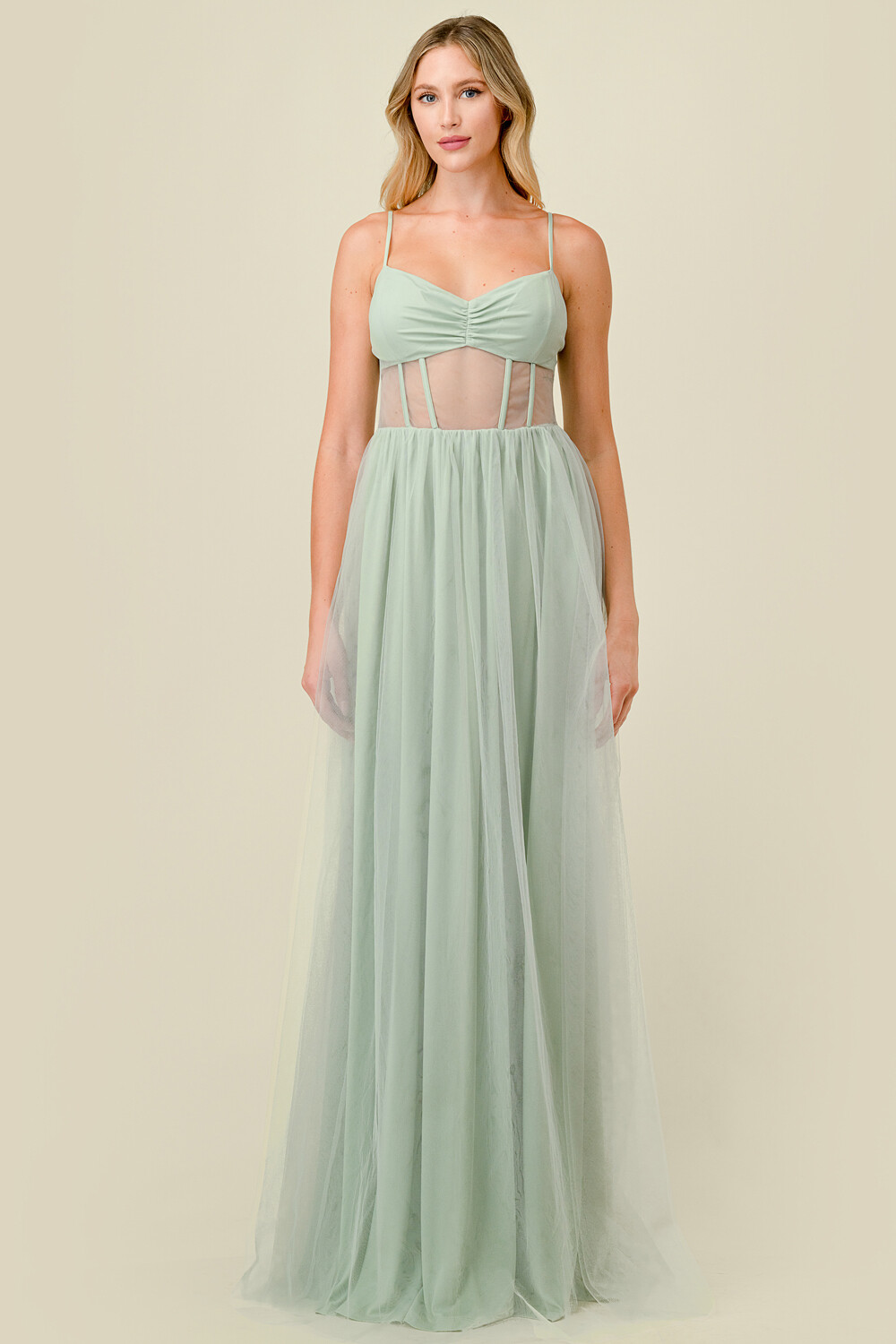 CD41196 Solid Tulle Mesh Corset Fit and Flare Maxi