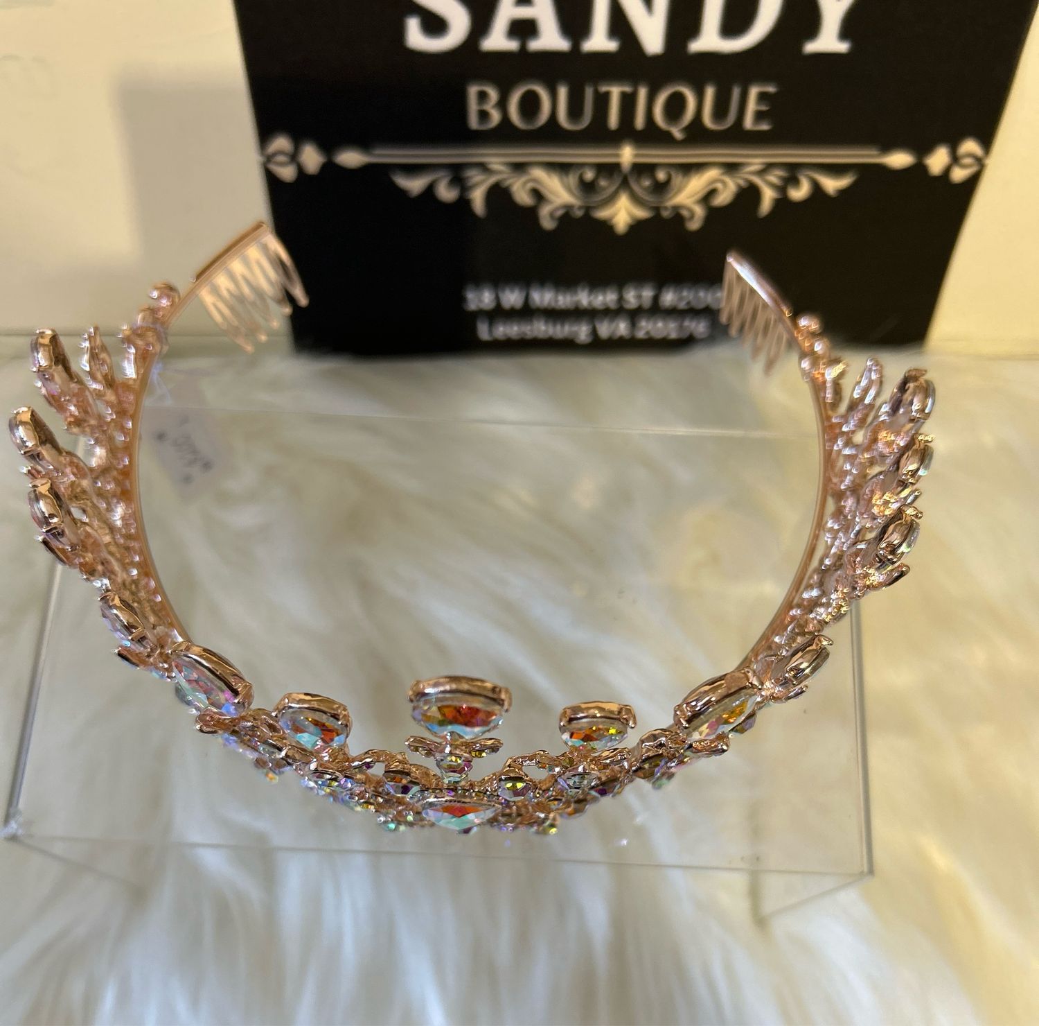Iridescent Rhinestone Tiara Rose Gold 