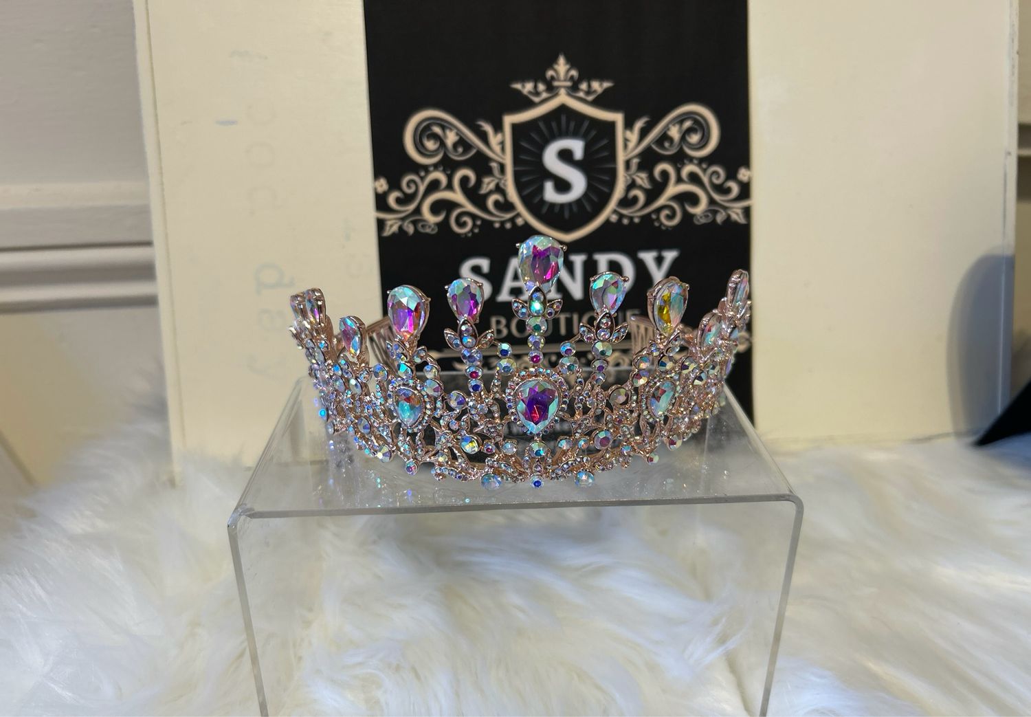 Iridescent Rhinestone Tiara Rose Gold 
