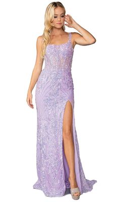 DQ4461 Sleeveless Gown with Sheer Overlay and High Leg Slit Prom Dress
