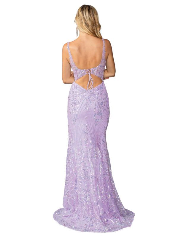 DQ4461 Sleeveless Gown with Sheer Overlay and High Leg Slit Prom Dress