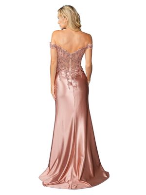 DQ4442 - Off-Shoulder Fitted Gown with Floral Lace Embellishment and Court Train Prom Dress