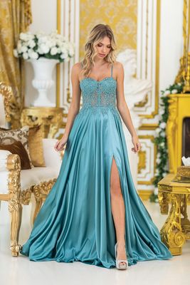DQ4520 - Strapless Prom Dress with Beaded Bodice, Sheer Corset Detail, Satin Skirt, and High Slit