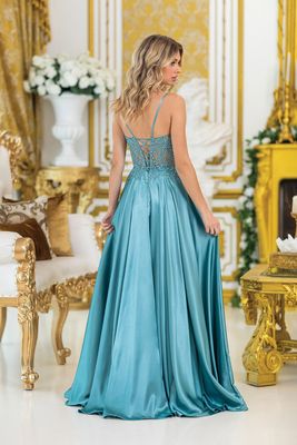 DQ4520 - Strapless Prom Dress with Beaded Bodice, Sheer Corset Detail, Satin Skirt, and High Slit