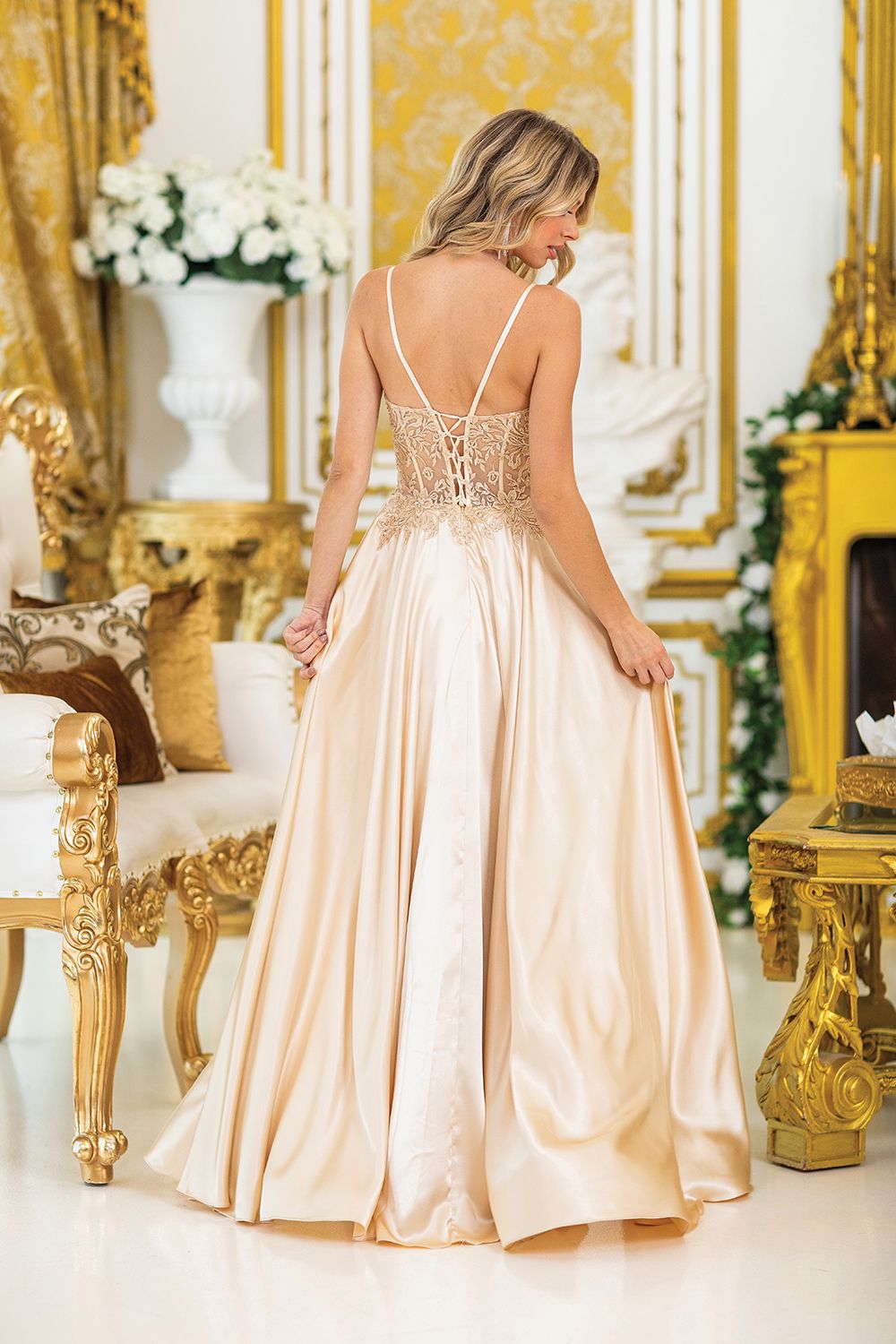 DQ4520 - Strapless Prom Dress with Beaded Bodice, Sheer Corset Detail, Satin Skirt, and High Slit