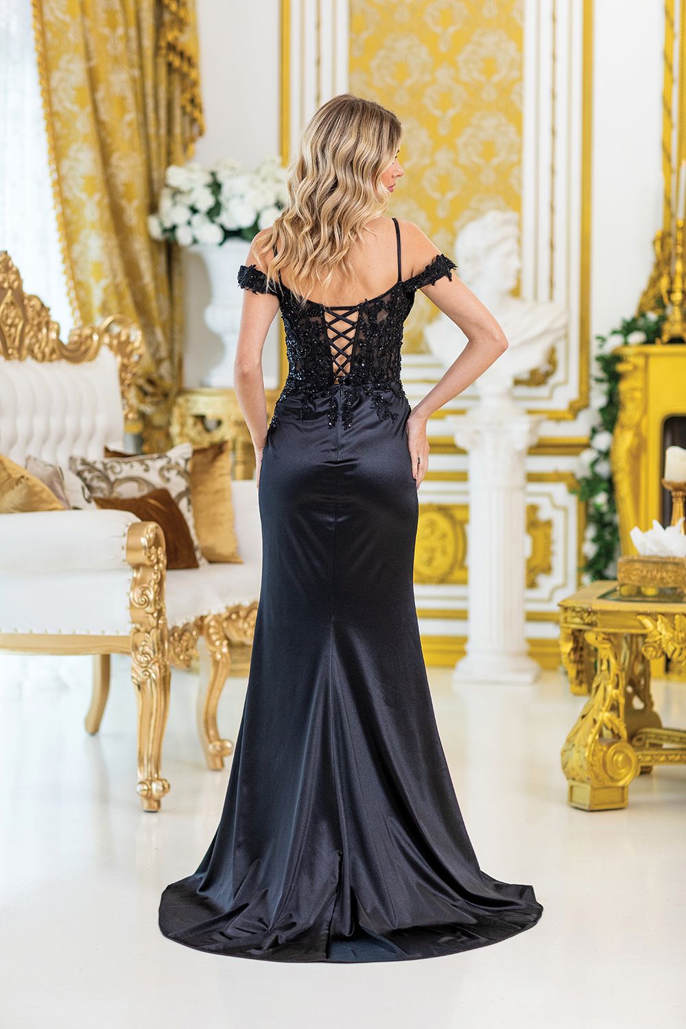 DQ4514 - Off-Shoulder Satin Prom Dress with Sequin Embellishments and Front Slit