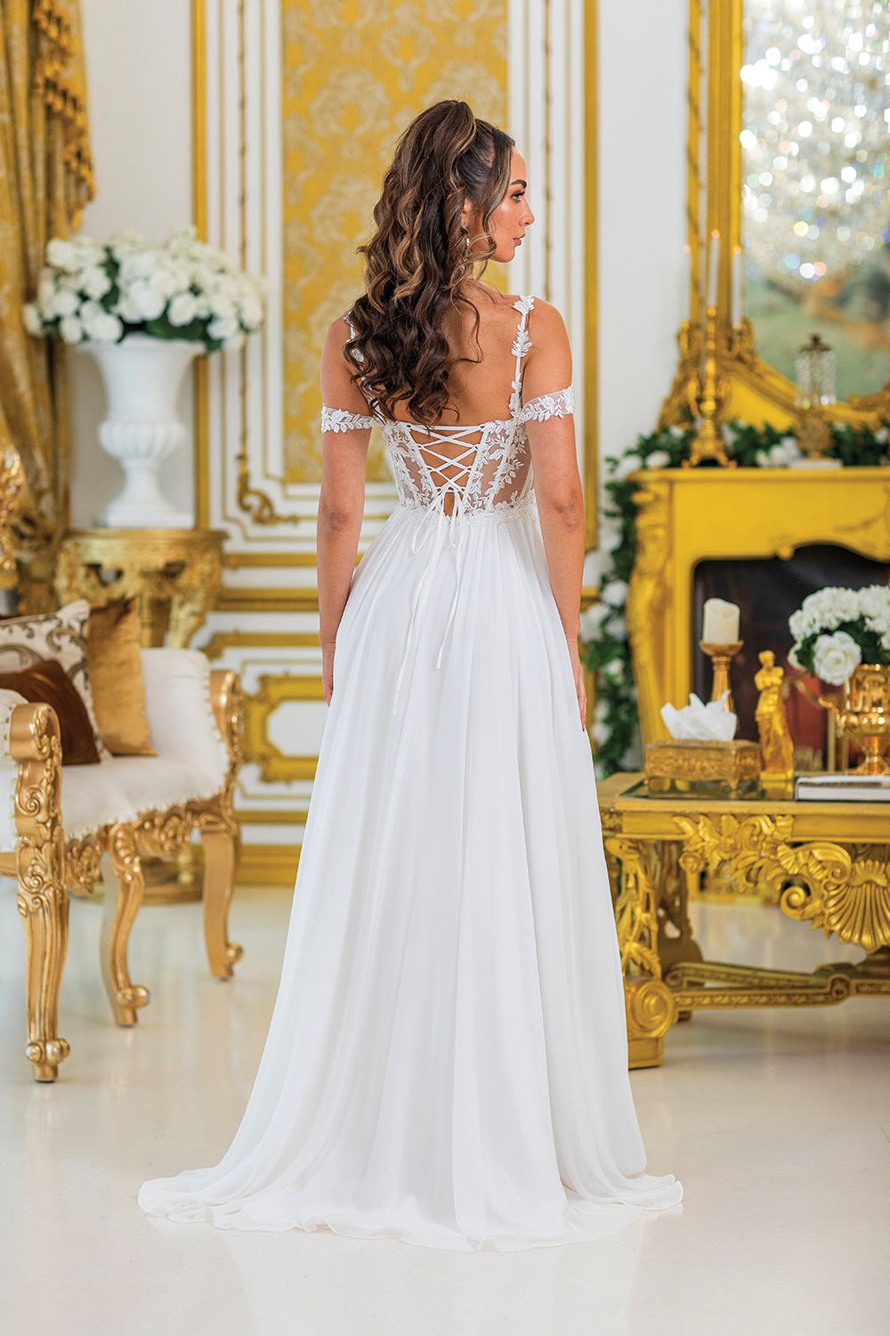 DQ4506 - A-Line Prom Dress with Sheer Bodice, Floral Embellishments, and Slit Skirt