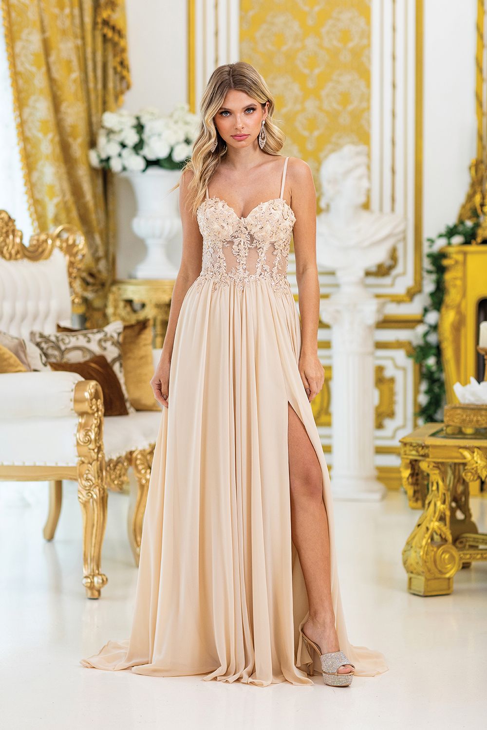 DQ4506 - A-Line Prom Dress with Sheer Bodice, Floral Embellishments, and Slit Skirt