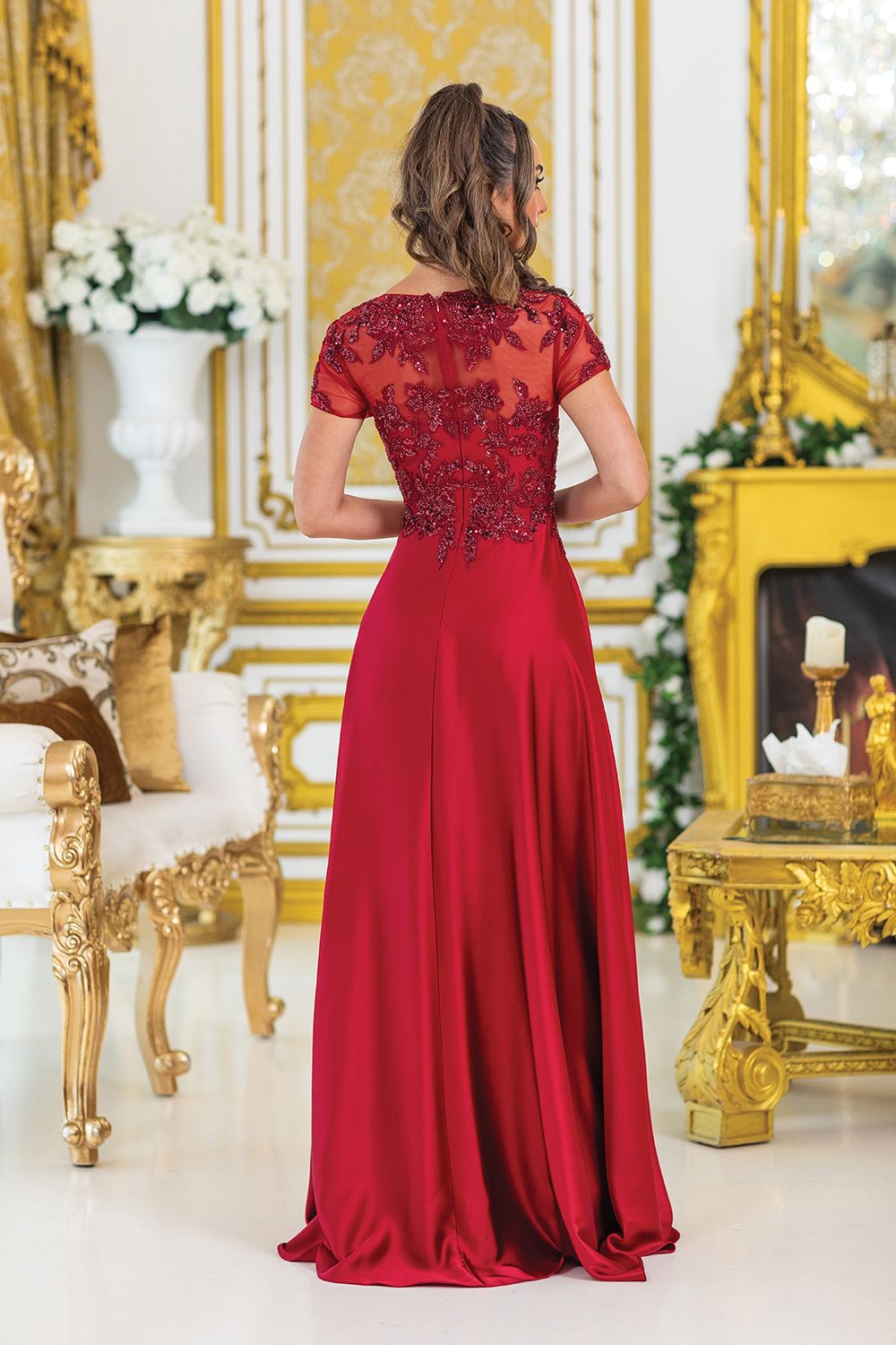 DQ4499 - A-Line Prom Dress with Embroidered Floral Lace Details and Short Sleeves
