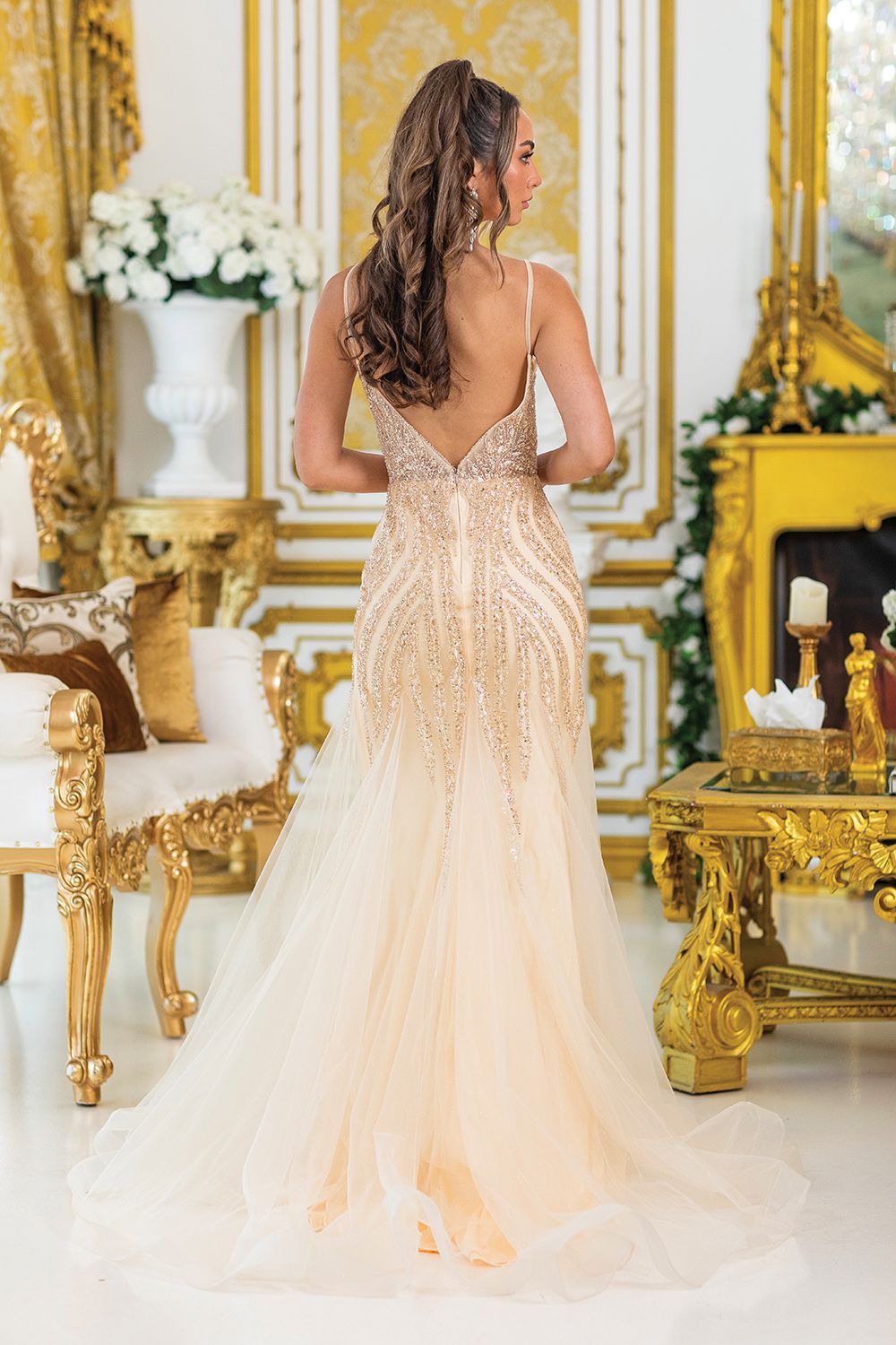 DQ4488 - V-Neck Sheer Illusion Prom Dress with Intricate Beading, Flowing Skirt, and Elegant A-Line Silhouette