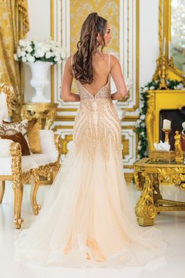DQ4488 - V-Neck Sheer Illusion Prom Dress with Intricate Beading, Flowing Skirt, and Elegant A-Line Silhouette
