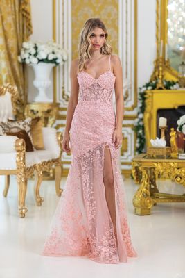 DQ4501 - Fitted Prom Dress with Floral Lace Embroidery and Side Slit