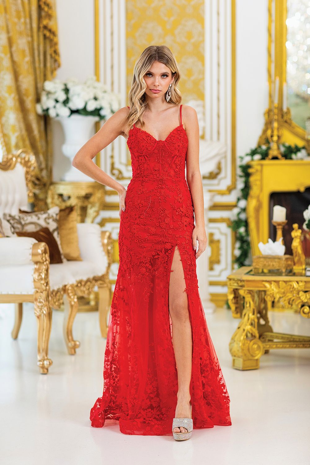 DQ4501 - Fitted Prom Dress with Floral Lace Embroidery and Side Slit