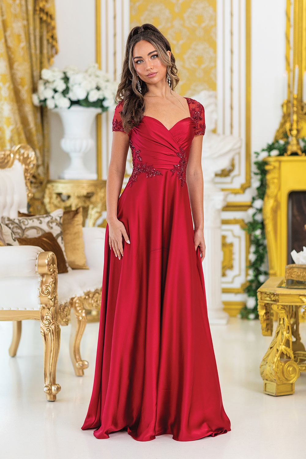 DQ4499 - A-Line Prom Dress with Embroidered Floral Lace Details and Short Sleeves
