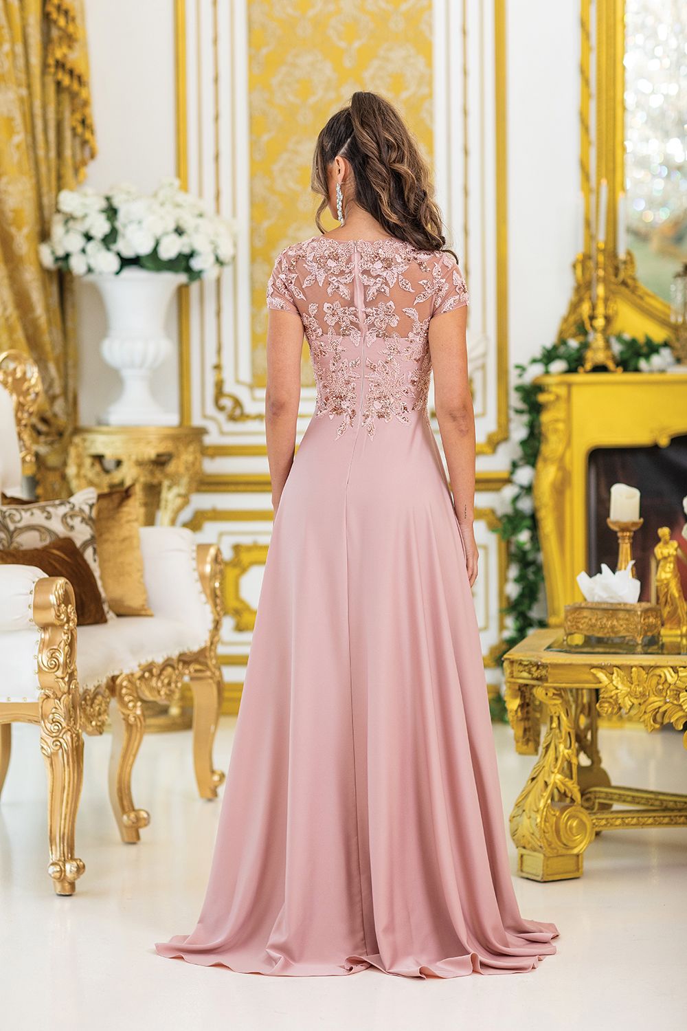 DQ4499 - A-Line Prom Dress with Embroidered Floral Lace Details and Short Sleeves