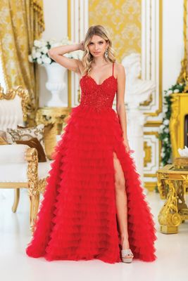 DQ4491 - Traditional Ball Gown Quinceanera Dress with Layered Ruffles, Embroidered Floral Accents, and Strapless Bodice