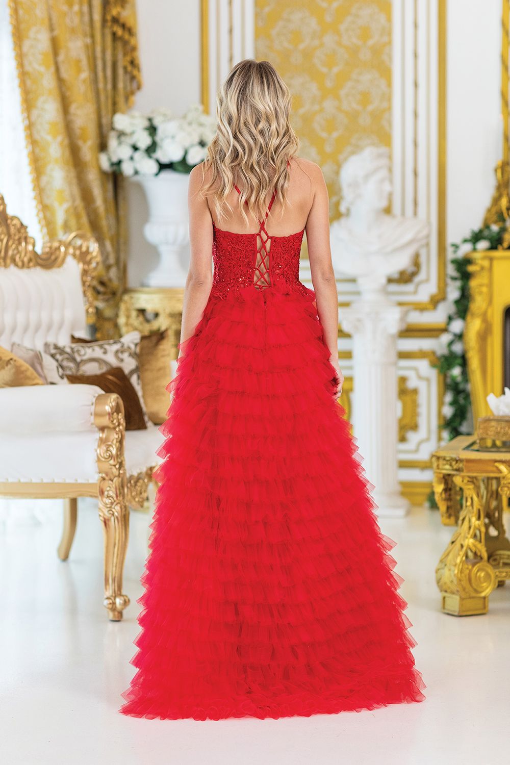DQ4491 - Traditional Ball Gown Quinceanera Dress with Layered Ruffles, Embroidered Floral Accents, and Strapless Bodice