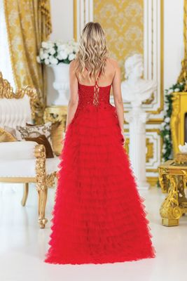 DQ4491 - Traditional Ball Gown Quinceanera Dress with Layered Ruffles, Embroidered Floral Accents, and Strapless Bodice