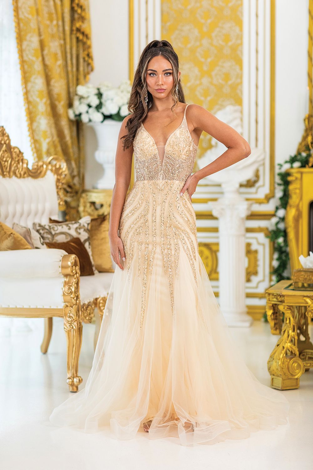 DQ4488 - V-Neck Sheer Illusion Prom Dress with Intricate Beading, Flowing Skirt, and Elegant A-Line Silhouette
