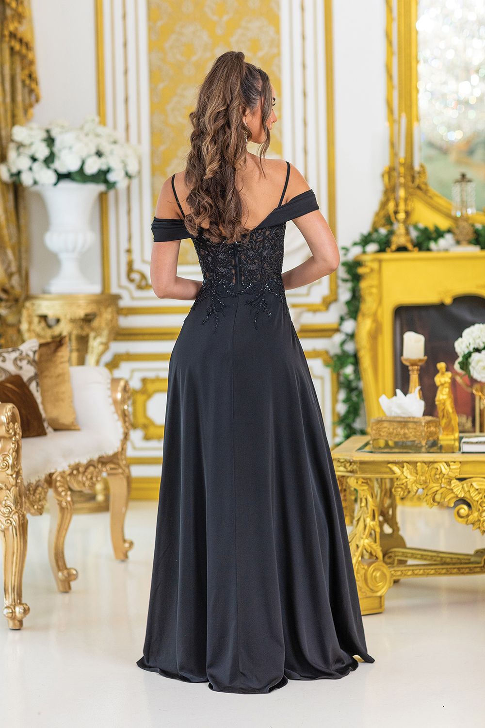 DQ4474 - Off-Shoulder Prom Dress with Beaded Bodice and Side Slit Skirt