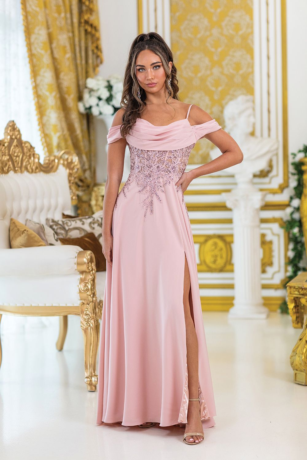 DQ4474 - Off-Shoulder Prom Dress with Beaded Bodice and Side Slit Skirt