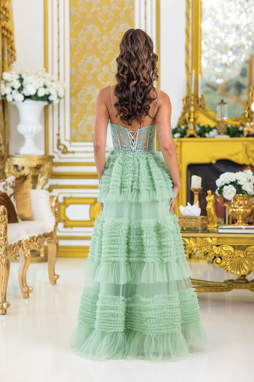 DQ4476 - Beaded Corset Top with Layered Ruffle Skirt Prom Dress
