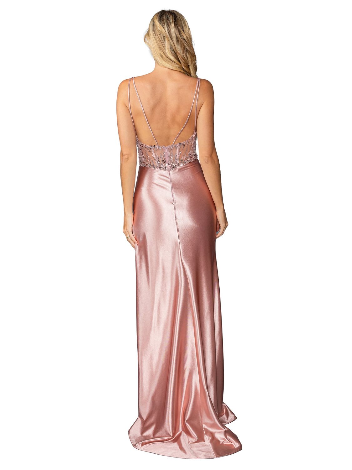 DQ4432 - Glamorous Floor-Length Gown with Beaded Bodice, Sheer Overlay, and Thigh-High Slit Prom Dress