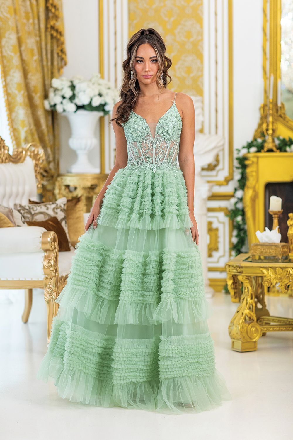 DQ4476 - Beaded Corset Top with Layered Ruffle Skirt Prom Dress