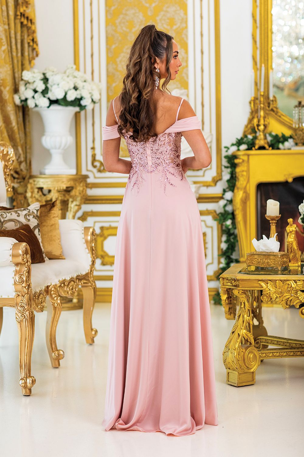 DQ4474 - Off-Shoulder Prom Dress with Beaded Bodice and Side Slit Skirt