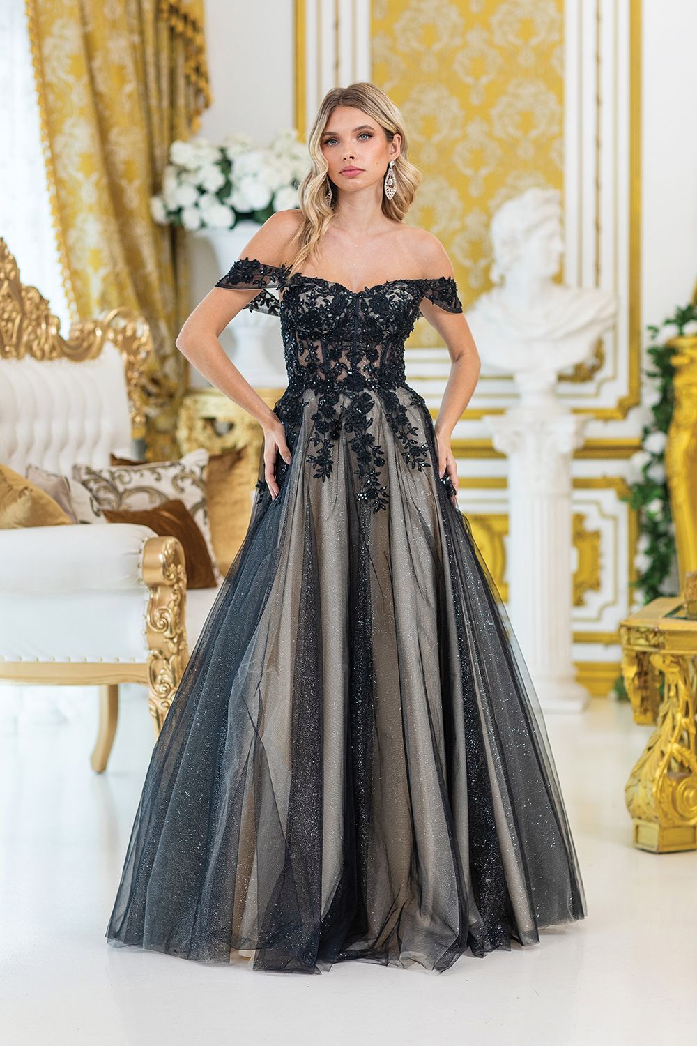 DQ4429 - Off-Shoulder Prom Dress with Intricate Floral Lace Bodice, Sheer Mesh Skirt, Beaded Detailing, and Dramatic Full-Length Design with Side Slit