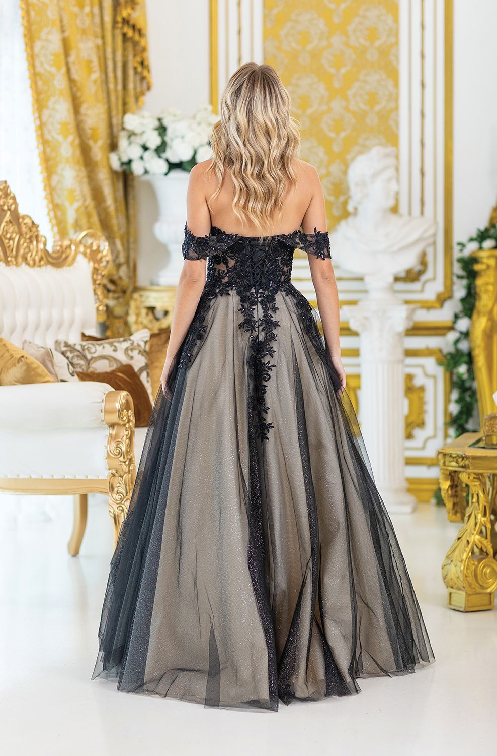 DQ4429 - Off-Shoulder Prom Dress with Intricate Floral Lace Bodice, Sheer Mesh Skirt, Beaded Detailing, and Dramatic Full-Length Design with Side Slit