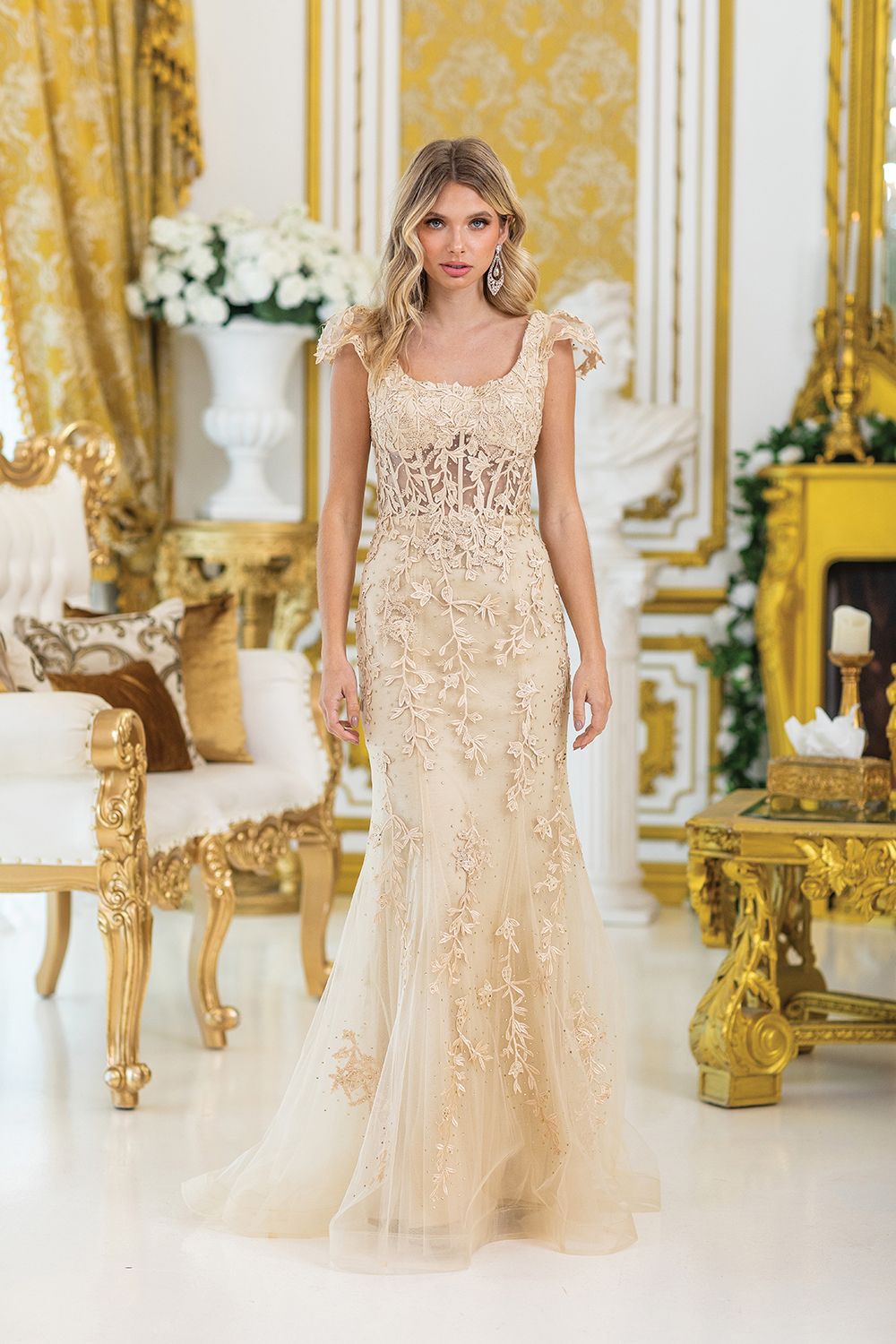 DQ4447 - Elegant Cap Sleeve Prom Dress with Intricate Floral Embroidery and Beaded Details, Featuring a Fitted Silhouette and Flared Tulle Hem for a Stunning Look