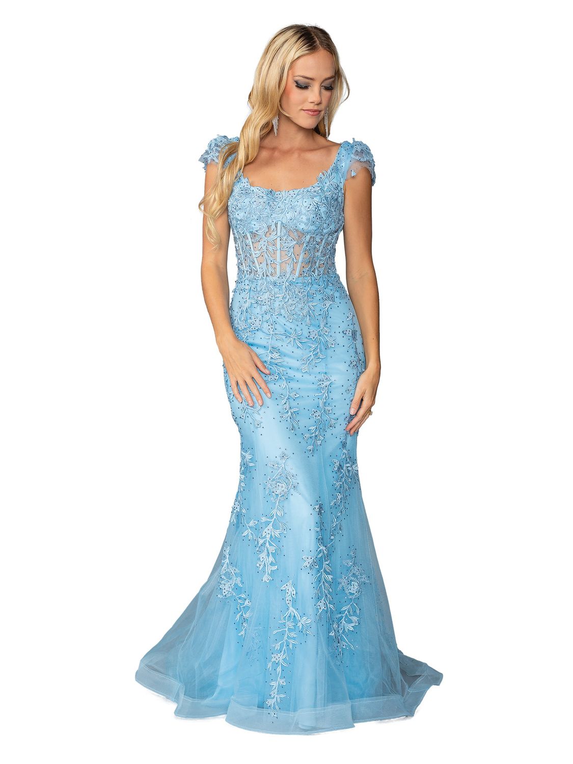 DQ4447 - Elegant Cap Sleeve Prom Dress with Intricate Floral Embroidery and Beaded Details, Featuring a Fitted Silhouette and Flared Tulle Hem for a Stunning Look