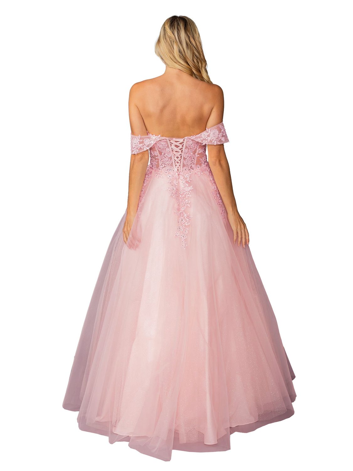 DQ4429 - Off-Shoulder Prom Dress with Intricate Floral Lace Bodice, Sheer Mesh Skirt, Beaded Detailing, and Dramatic Full-Length Design with Side Slit