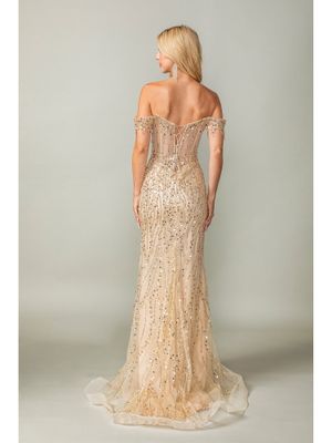 DQ4385 - Beaded Off-the-Shoulder Mermaid Gown with Sheer Bodice and Sequin Detailing Prom Dress