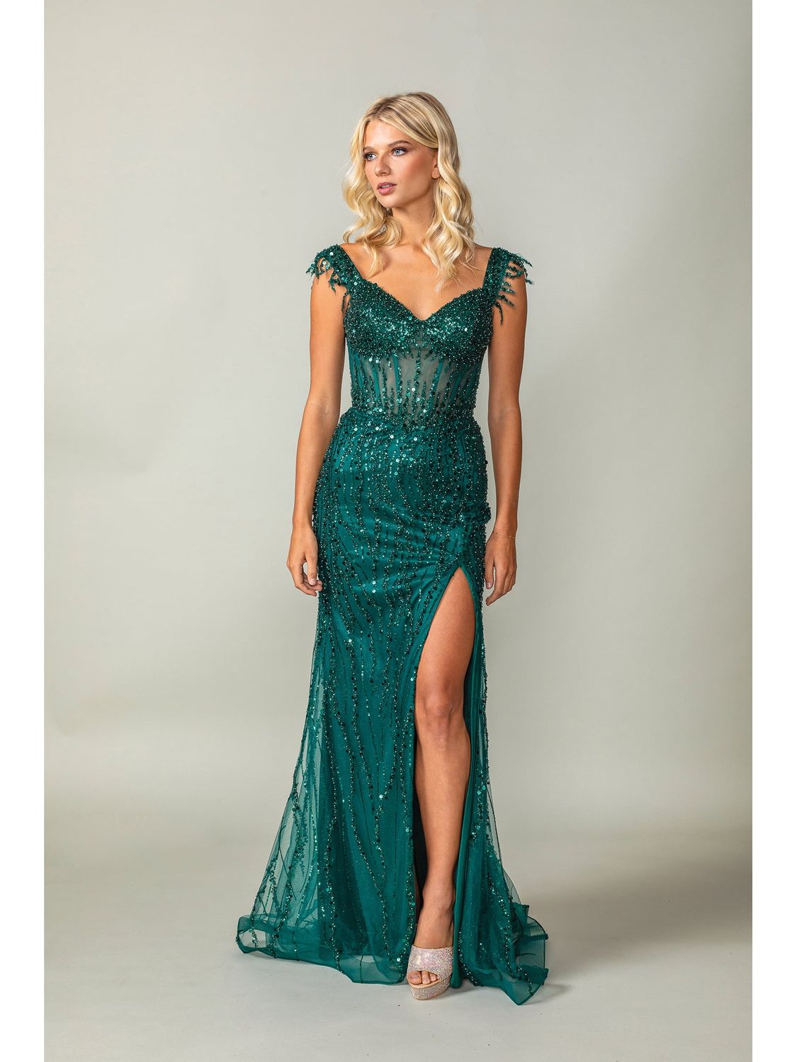 DQ4385 - Beaded Off-the-Shoulder Mermaid Gown with Sheer Bodice and Sequin Detailing Prom Dress