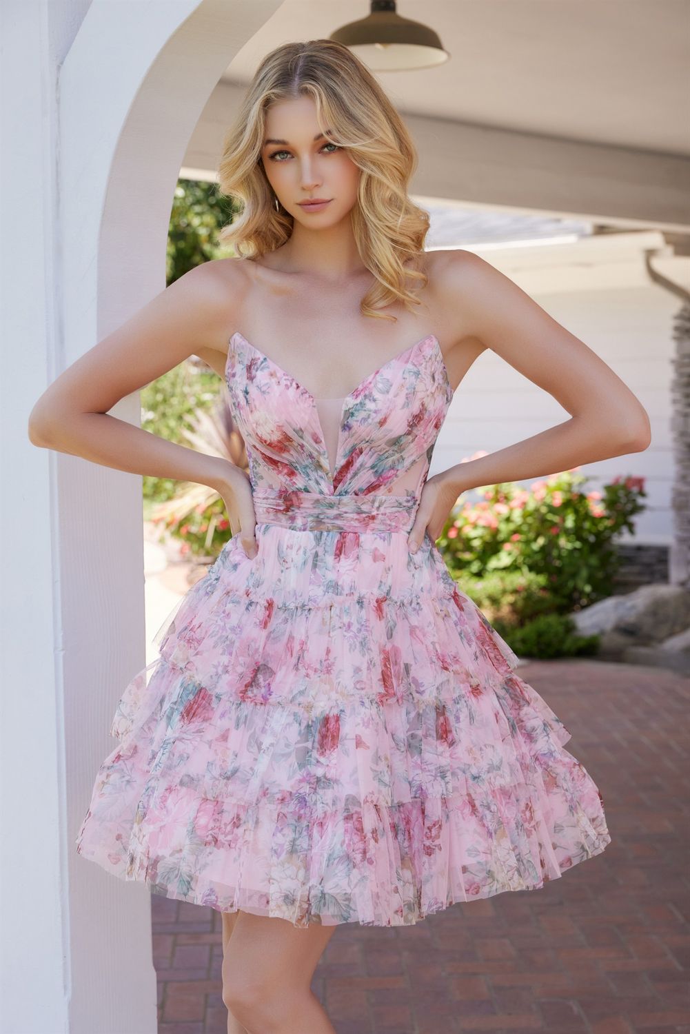 Chic and Graceful Strapless Flower Print Chiffon Dress Style No: M992