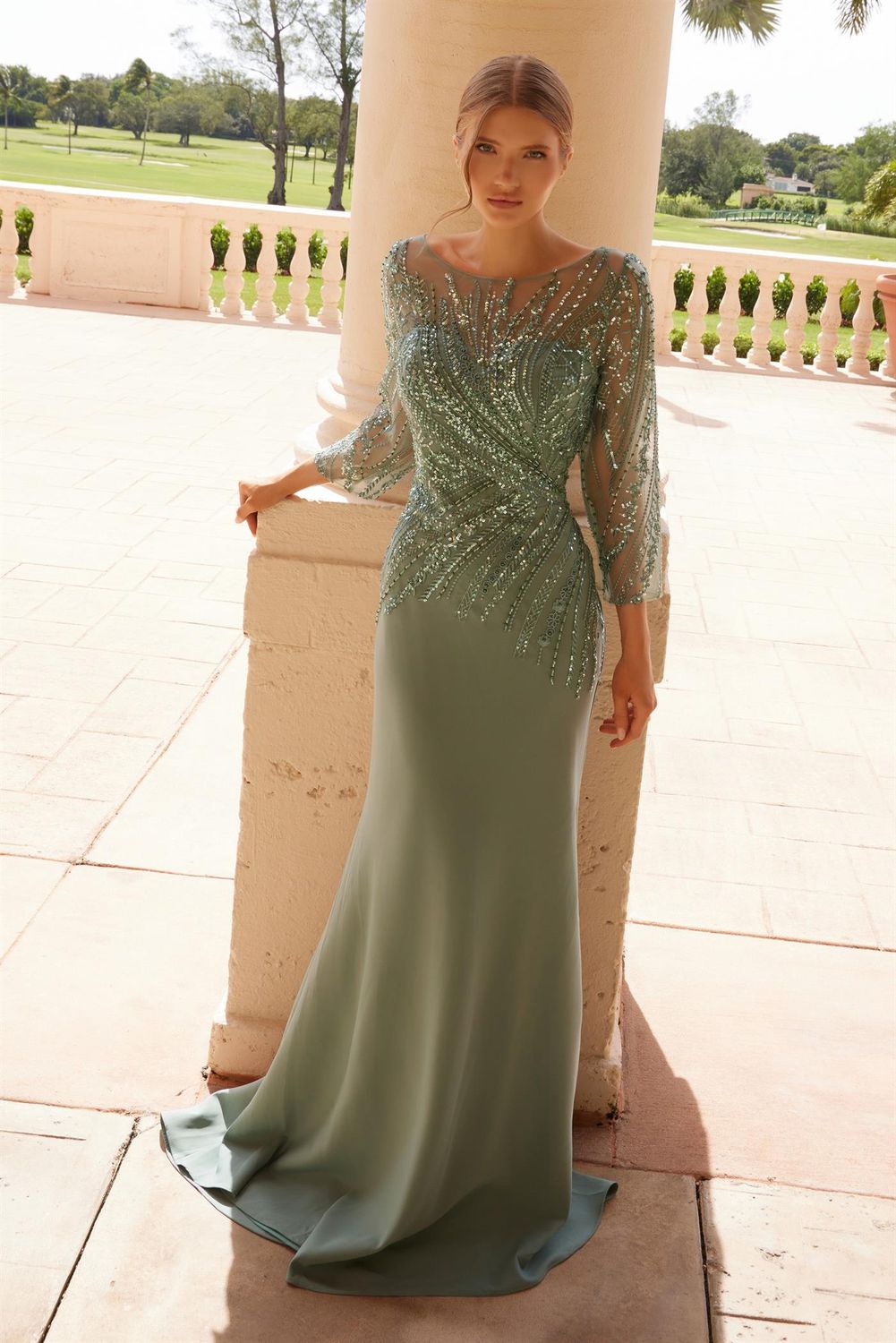 Long Sleeve Beaded Satin Mother of the Bride Dress Style No: MH137