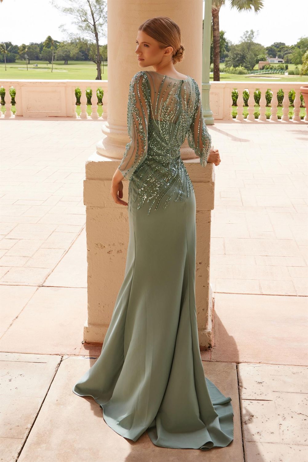 Long Sleeve Beaded Satin Mother of the Bride Dress Style No: MH137
