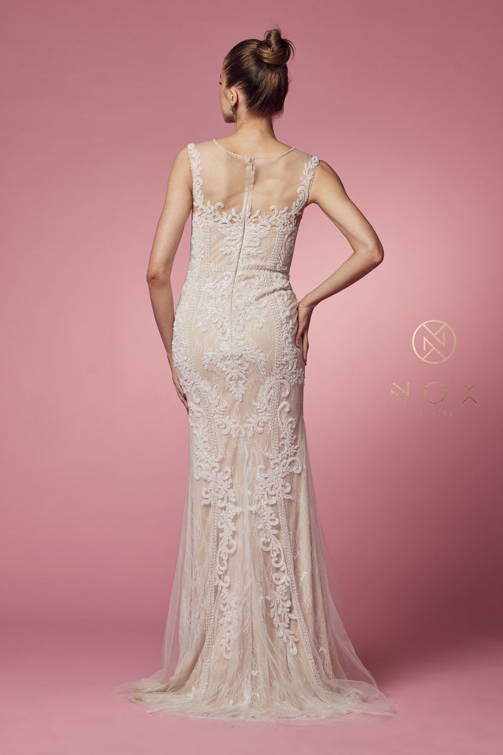 Fitted Illusion Neckline Floral Appliqued Wedding Gown Style No: E1006