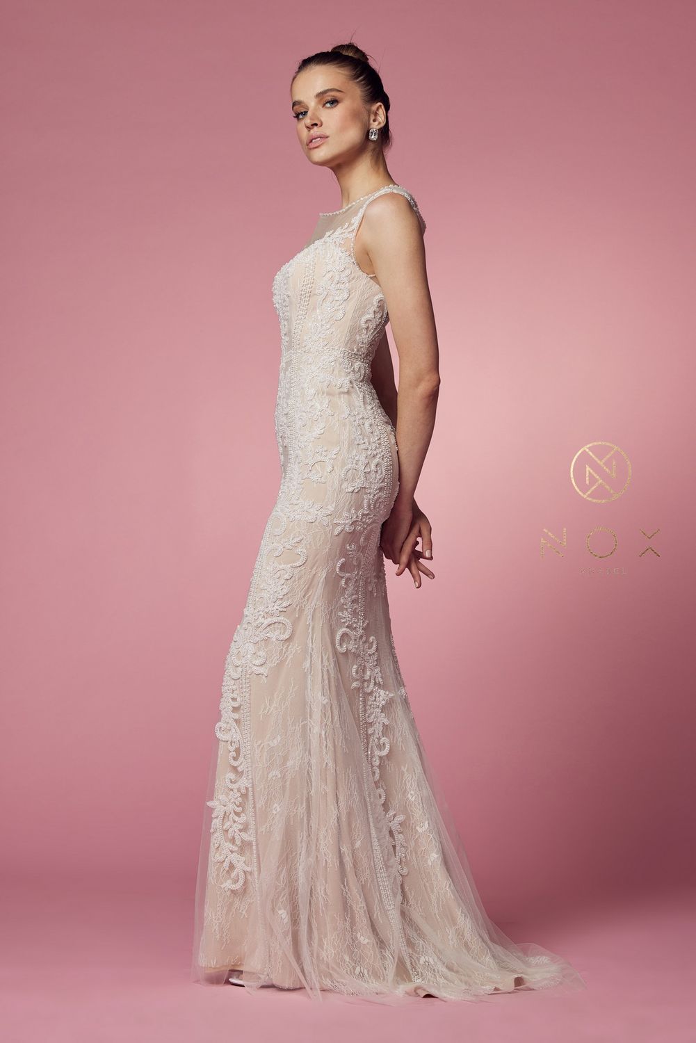 Fitted Illusion Neckline Floral Appliqued Wedding Gown Style No: E1006P