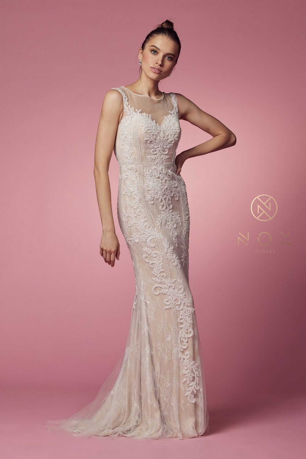 Fitted Illusion Neckline Floral Appliqued Wedding Gown Style No: E1006