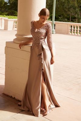 Floral Applique 3/4 Sleeve Dress with Ruffle Slit Style No: ME126 Floral Applique 3/4 Sleeve Dress with Ruffle Slit Style No: ME126